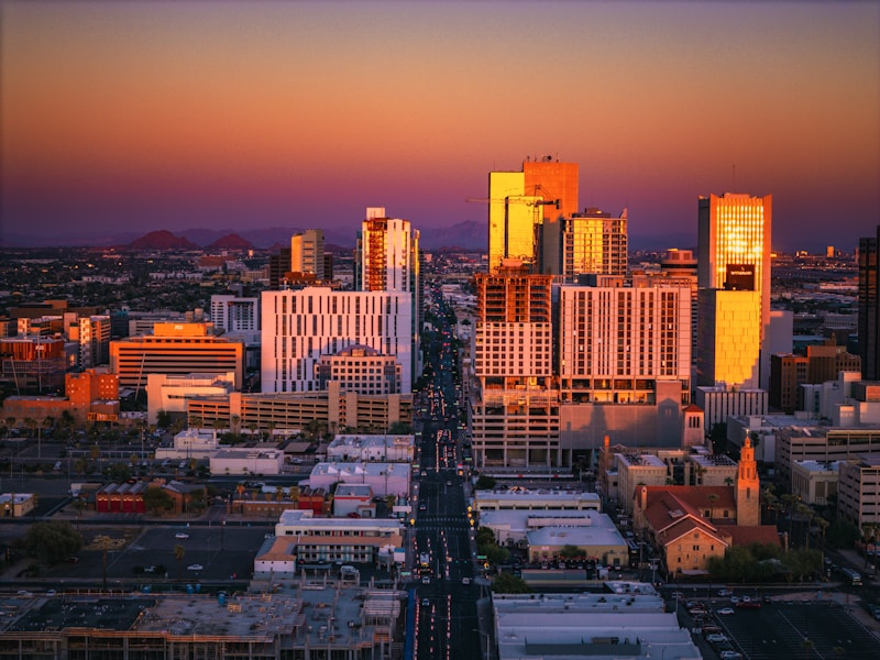 Downtown Phoenix, Arizona skyline at sunset — environmental testing across the Phoenix metro